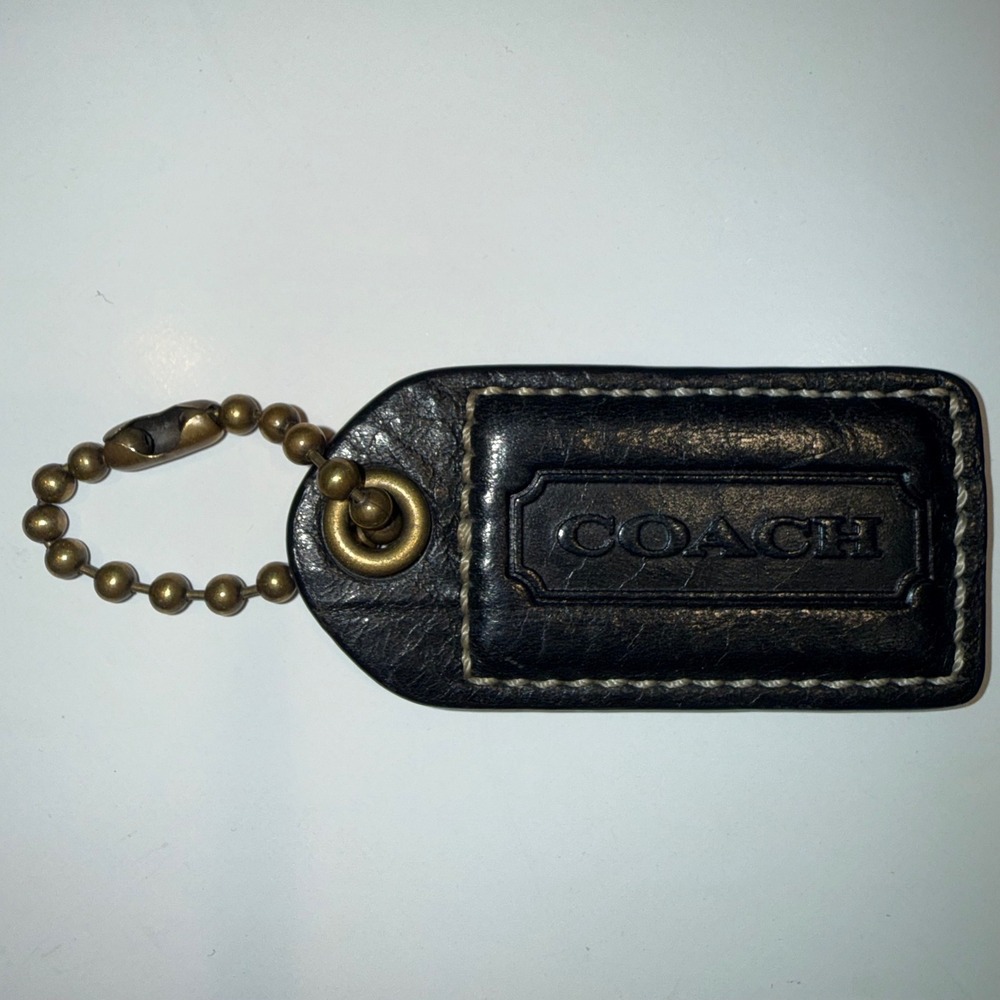 Vintage‎ Coach Large Black Leather Hangtag Brass Hardware Hampton Bag Tag Charm